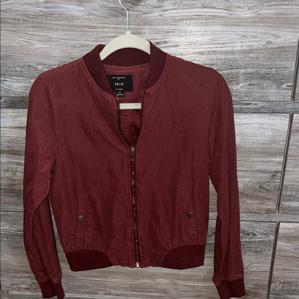 Iris Red Bomber Jacket with Zipper Closure and Ribbed Cuffs